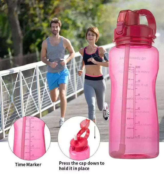 MahMir Large 2 Liters 64Oz BPA Free Multicolor Water Bottle - Leak Proof With Straw, Motivational Quote And Time Marker, Anti Slip For Sports,Fitness, Gym,Outdoor, Picnic, Office (Blue)