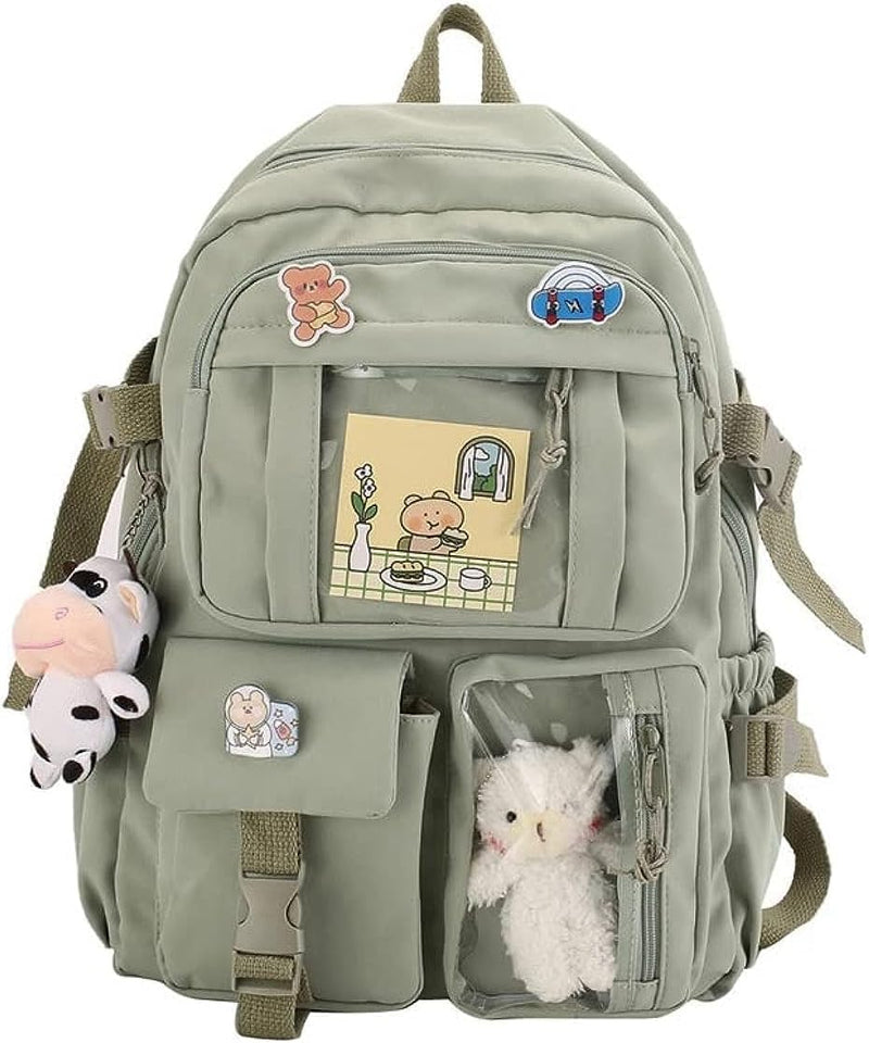 School bag, school bag leisure backpack middle school student laptop backpack, waterproof backpack, suitable as school bag, accessories plush pendant - green