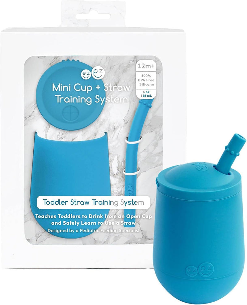 ezpz Mini Cup + Straw Training System - 9 Months+ (Blue) - 100% Silicone Training Cup for Infants + Toddlers - Designed by a Pediatric Feeding Specialist