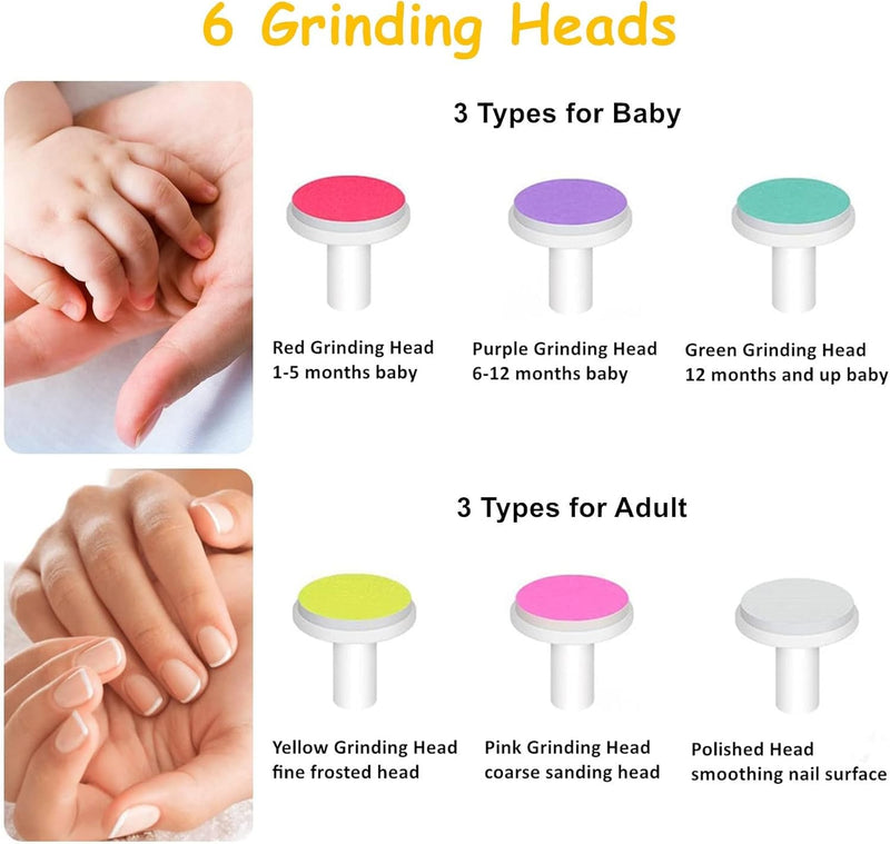 Excefore Baby Nail Trimmer, 6 Grinding Heads Baby Nail Clippers Electric, Baby Nail Trimmer Electric for Newborn Toddler, Adult Toes Fingernails, Car Trim Polish, AAA Battery Operated, White