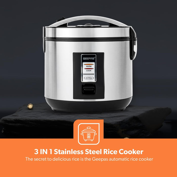 Geepas 1.8L Stainless Steel Rice Cooker- GRC4330| 700W, Non-Stick Inner Pot | Cook/Steam/Keep Warm Functions, Make Rice and Steam Healthy Vegetables | 2-Year Warranty