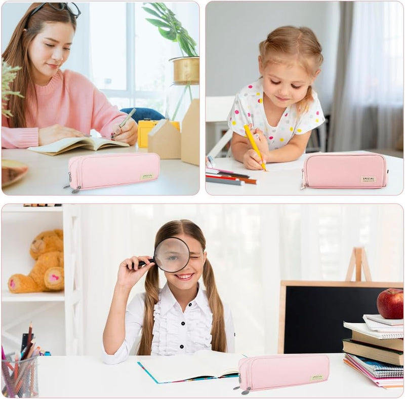 HASTHIP Large Capacity Pencil Case with 3 Compartments, Multi-Functional Pencil Box for Kids, Girls, Boys, Teenagers, Adults, Stationery Organizer Pouch, Pink