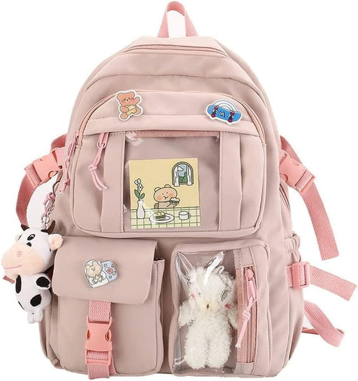 School bag, school bag leisure backpack middle school student laptop backpack, waterproof backpack, suitable as school bag, accessories plush pendant - pink