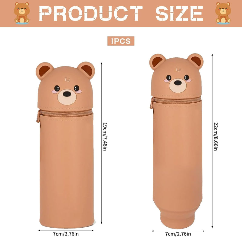 Kawaii Silicone Pencil Case, Stand Up Pen 2-In-1 Table Holder, Zip, Bag, Colouring Pencils, Marker, Case Animals, Panda, Briefcase, Office Supplies, Brown Bear