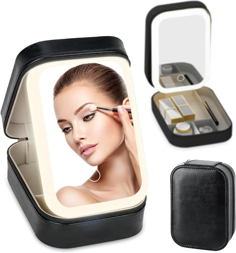 Tufexigo Travel Makeup Case with LED Mirror, Makeup Bag with Lighted Mirror, Cosmetic Train Storage Box, Portable Organizer Vanity Case for Women Beauty Tools Accessories Rechargeable (Black)
