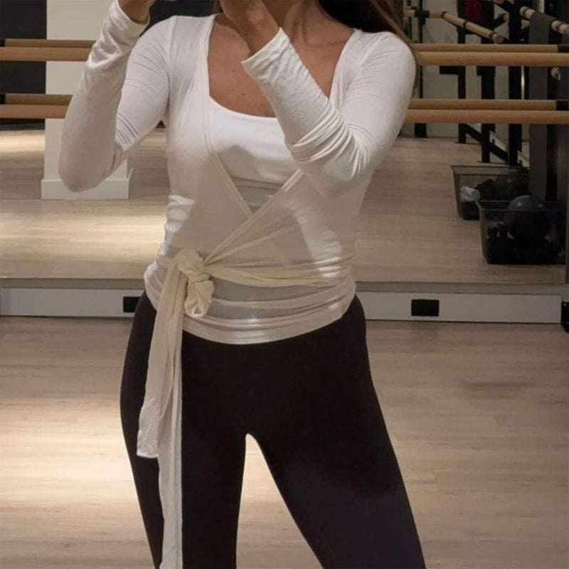 Women Wrap Yoga Shirts Long Sleeve Deep V Neck Tie Front Workout T Shirts Casual Slim Fit Sports Active Tops