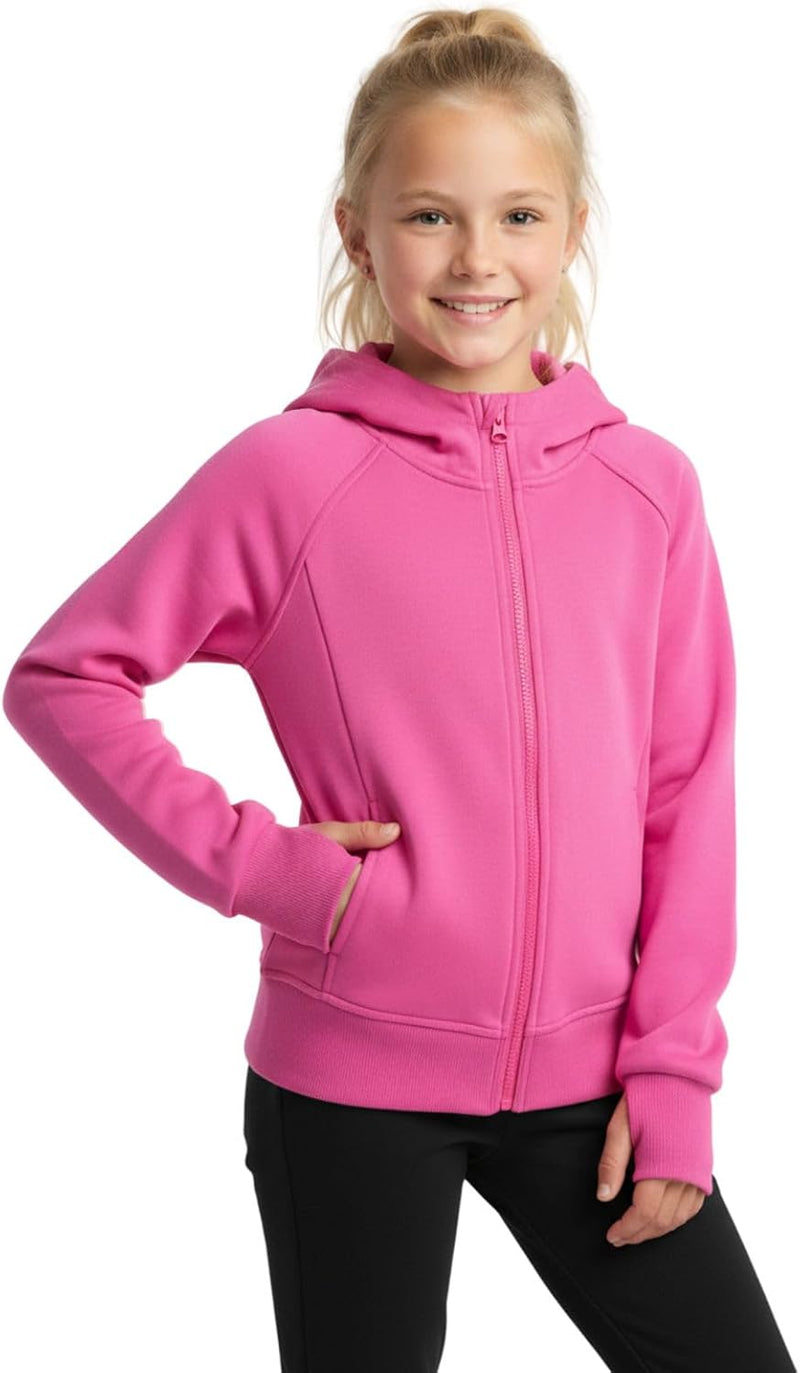 Teens Girls' Zip-Up Hoodie Sweatshirt Kids Long Sleeve Athletic Jacket with Pockets - Hot Pink