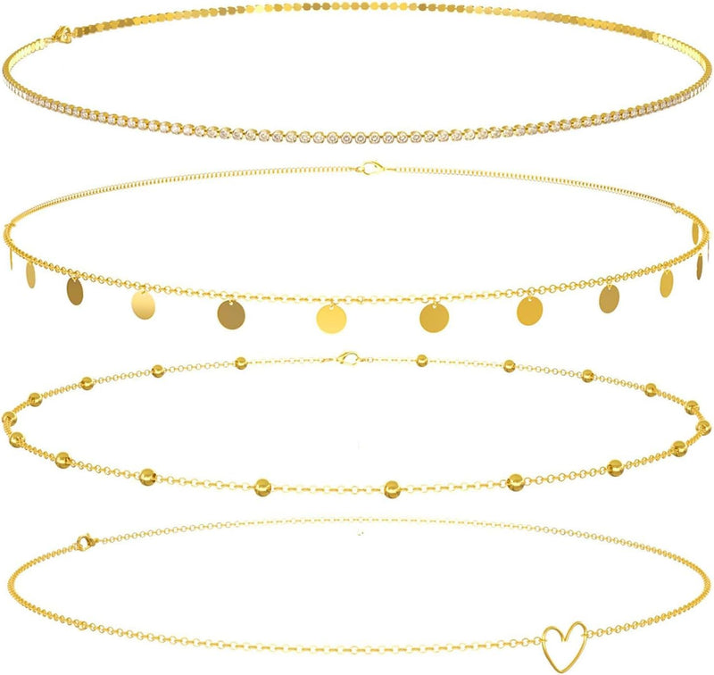 Metal Waist Chains for Woman, Adjustable Body Link Belt, Multilayered Belly Waist Chain Set, Glamorous Belly Jewelry Waist Belt for Women, Perfect for Summer Beach, Jeans, Dresses (4 Pieces)