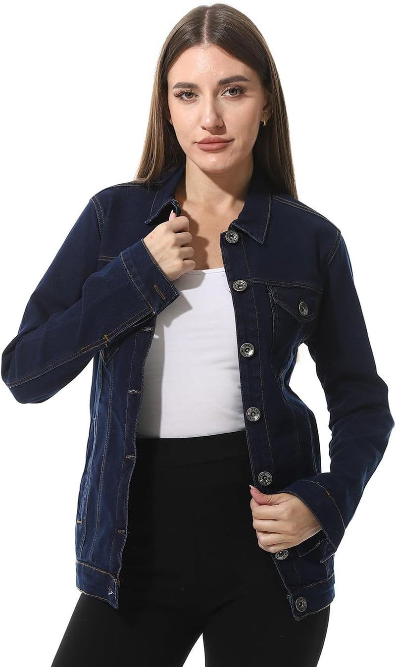 Womens Turn Down Collar DANIM Jacket - Dark Blue