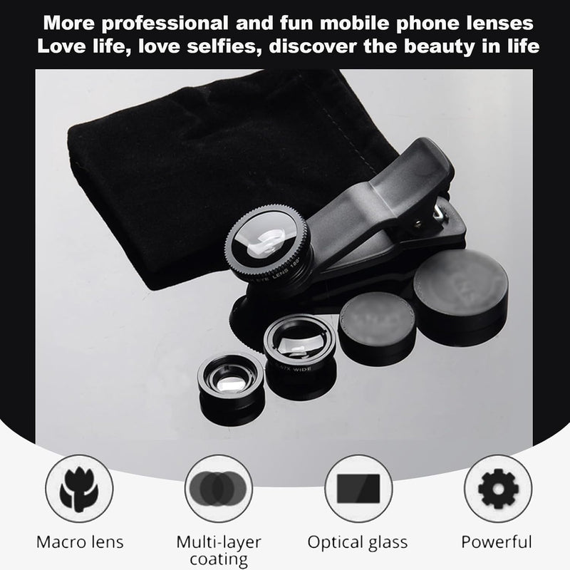 3 in 1 Phone Camera Lens Kit with 160 Degree Fisheye and Macro Lenses for Mobile Photography, Universal Clip-on Design compatible with iPhone, fits Samsung, and for Huawei Smartphones, Black