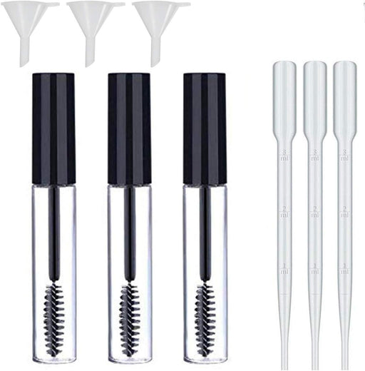 Refillable Empty Mascara Tube E with Rubber Inserts, Funnels and Transfer Pipettes with Eyelash Wand (Clear, 10ml)- Pack of 3