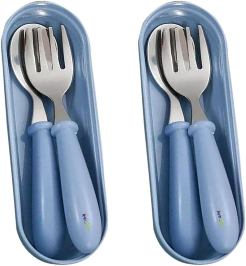 Kids Cutlery Set with Case, Stainless Steel Spoon & Fork for Children, Round Edge BPA Free Tableware for School Lunch Box, Picnic, Travel (Pack of 1, Blue) - Blue 2