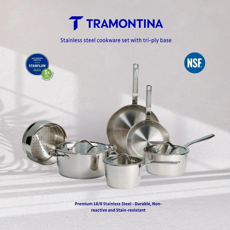 Tramontina Since 1911, 9-Piece Tempo Tri-Ply Base Stainless Steel Cookware Set with Glass Lids, Pots and Pans Kitchen Set, Induction-Ready, Oven-Safe, Dishwasher-Safe 37240028