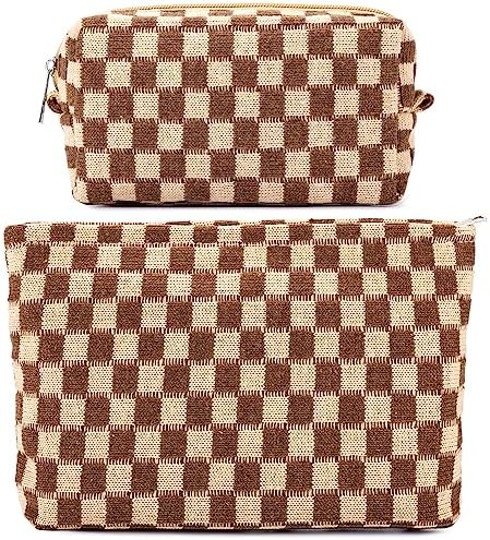 ZLFSRQ 3Pcs Checkered Makeup Bag for Women Large Cosmetic Bag Set Travel Toiletry Bag Makeup Pouch Bag for Purse Pink Zipper Storage Bag Organizer Cute Small Aesthetic Girls Car Essentials Bag