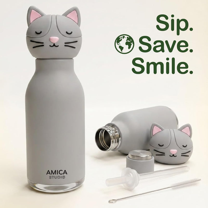 Kids Water Bottle 460ml Insulated Stainless Steel - AMICA STUDIO (Cleo Cat)
