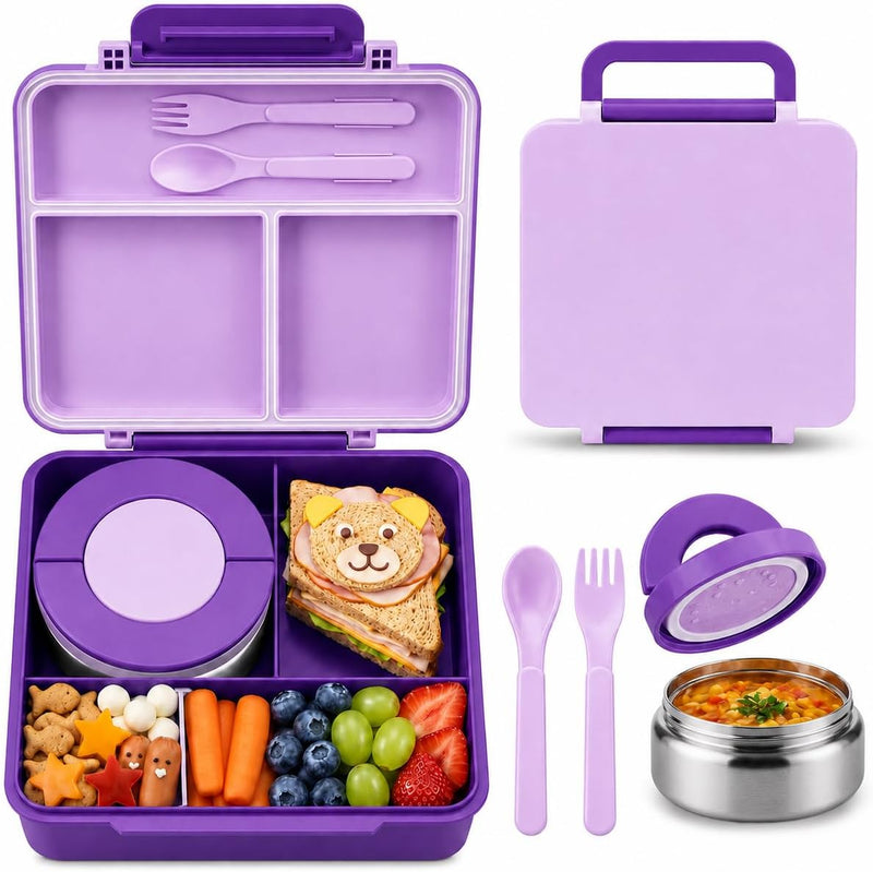 Lunch Box for Kids: 1700ML Leak Proof Kids Lunch Box with 300ml Insulated Stainless Steel Thermos Food Jar - 4-Compartments Bento Lunch Box for School, Boys and Girls (Purple) - Purple