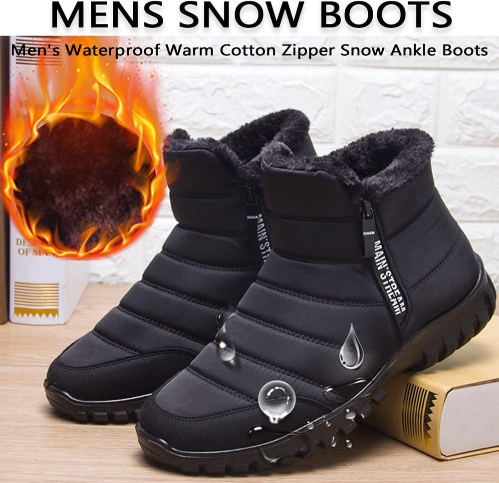 Men's Waterproof Warm Cotton Zipper Snow Ankle Boots, Winter Warm Slip on Thick Plush Mens Snow Boots, Non-Slip Winter Shoes for Men (Black,7.5)