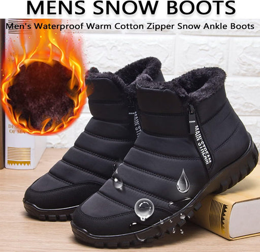 Men's Waterproof Warm Cotton Zipper Snow Ankle Boots, Winter Warm Slip on Thick Plush Mens Snow Boots, Non-Slip Winter Shoes for Men (Black,7.5)