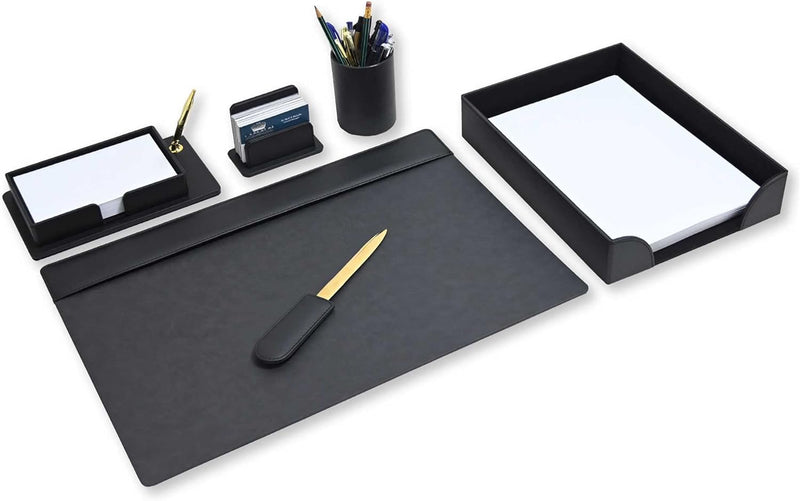FIS Executive Desk Set with Italian PU Materials, Set of 6 Pieces Desk Set Organizer, Black Color, Pack in Gift Box-FSDS181BK
