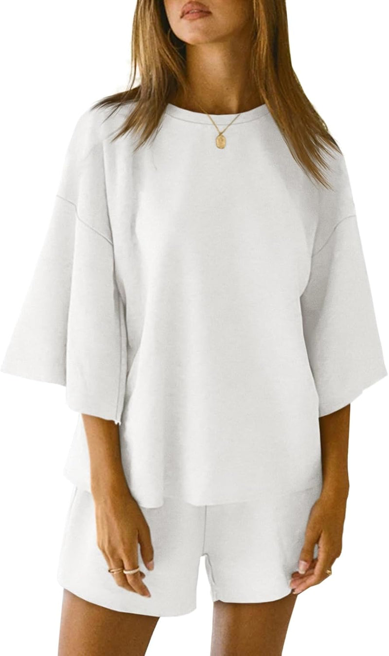 Womens Pajama Sets 3/4 Sleeve Oversized Tops and Elastic Waist Shorts Lounge Sets Loungewear - White