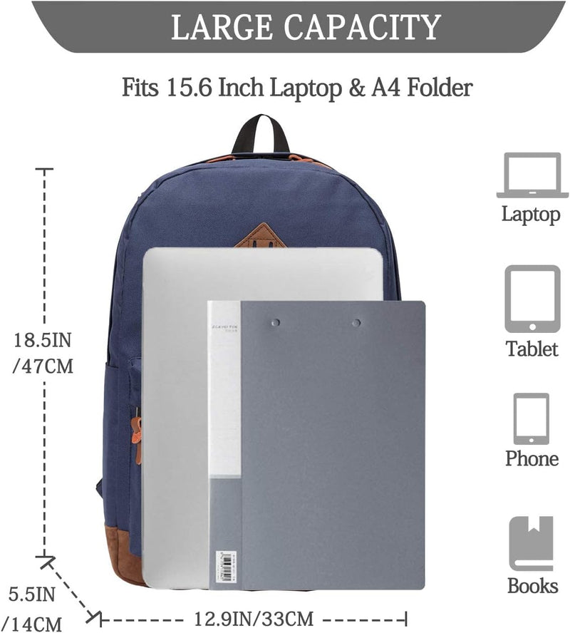 VASCHY Men's Backpack, Women's Waterproof School Bag, Boy Girl Computer 15.6 Inch Vintage for School, College, Work, Travel, Leisure