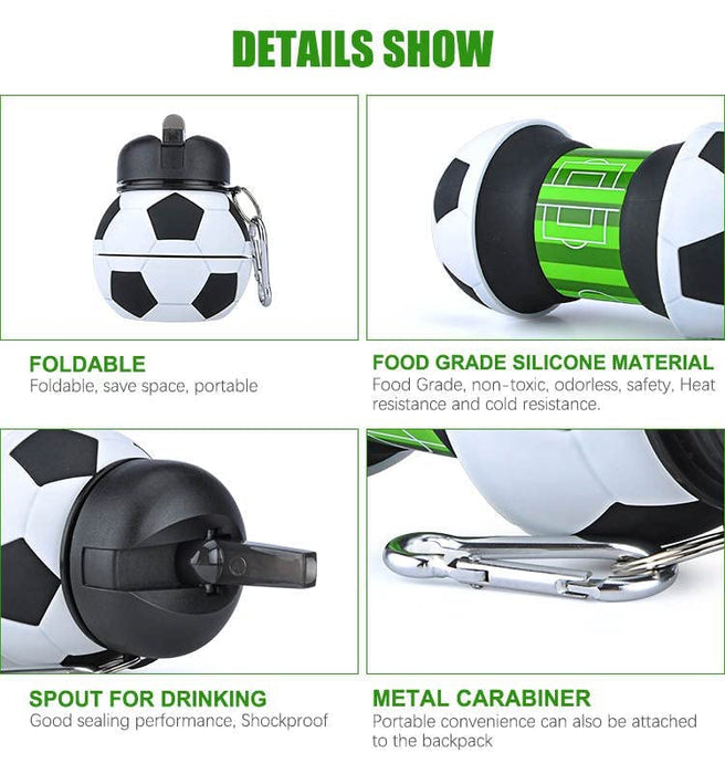 FOLDABLE BOTTLE Football Water For Sports, School, Travel, bicycle, Birthday Gifts, Shockproof, Silicone Collapsible Drink cup with Carabiner Clip Leak-Proof BPA Free (550ml-18.5oz)