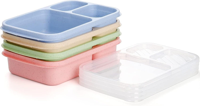 8 Pcs Bento Lunch Box, 3 Compartment Meal Prep Container for Adults/Kids, Straw Wheat Fiber Lunch Container for Microwave and Dishwasher Safe, Reusable Snack Container for Work, School, Travel