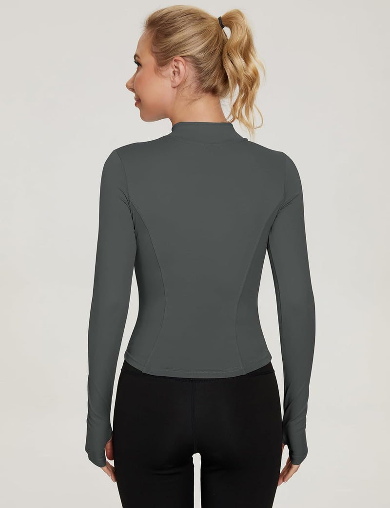 IECCP Women's T-Shirt, Gym Top, Yoga Top, Long-Sleeved Crop Top, Sports Shirt, Lightweight Fitness Top with Half Zipper and Thumb Hole