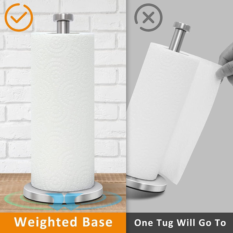 Stainless Steel Paper Towel Holder Countertop, Standing Paper Towels Holder for Kitchen Dining Table Bathroom, Weighted Paper Towel Holder for Standard or Large-Sized Roll (Silver)