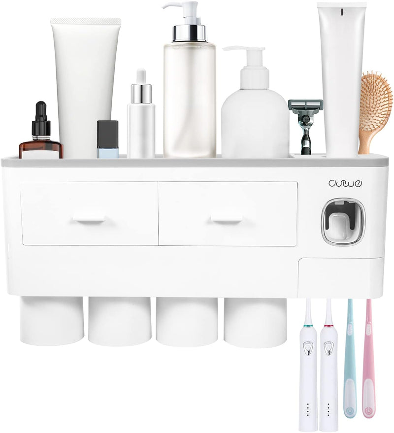 SKY-TOUCH 2 Cups Wall Mounted Toothbrush Holder, Multifunctional Space-Saving Toothbrush and Toothpaste Holder with Drawer for Cosmetics Organizer for Washroom and Bathroom - 4cups toothbrush holder grey