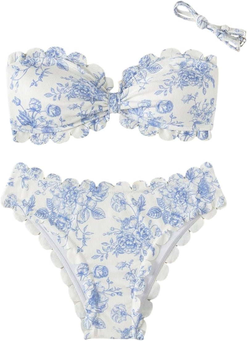 GORGLITTER Women's Floral Bandeau Bikini Sets Strapless Tie Back Scalloped 2 Piece Boho Swimsuit