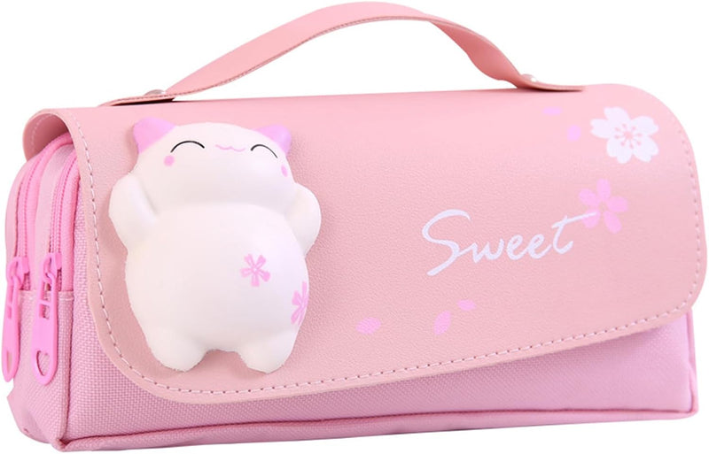 Large Capacity Pencil Case, 3 Compartments Pouch Pen Bag for School Kids Teen Girl, Students Stationery Organizer Stress Release Pencil Case(Pink)