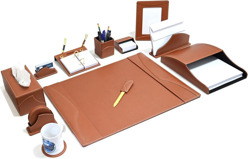 FIS Executive Desk Set with Italian PU Materials, Set of 11 Pieces Desk Set Organizer, Brown Color, Pack in Gift Box-FSDS183BR