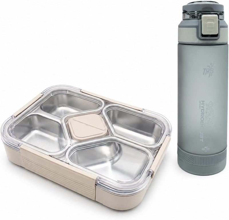 BERAM 4-Compartment Stainless Steel Lunch Box 1020ml, Insulated Leakproof Bento Box with Tableware, BPA-Free SUS 304 + PP + Silicone, Dishwasher Safe Meal Prep Container - Combo set