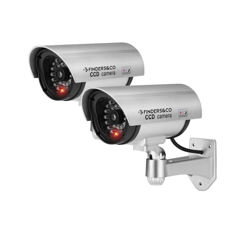 XBW Fake Security Silver Camera, Dummy CCTV Surveillance System with Realistic Red Flashing Lights and Warning Sticker 2 Pack