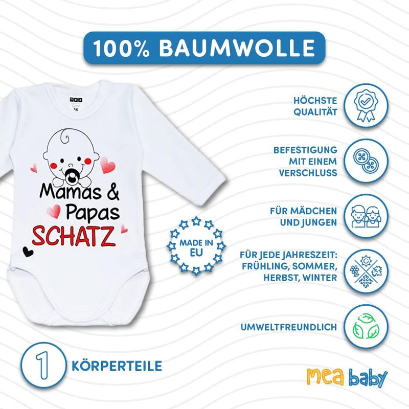 MEA BABY Unisex Baby Long-Sleeved Bodysuit with Saying Mamas & Papas Schatz, 100% Cotton, Baby Bodysuit White for Girls, Baby Bodysuit White for Boys