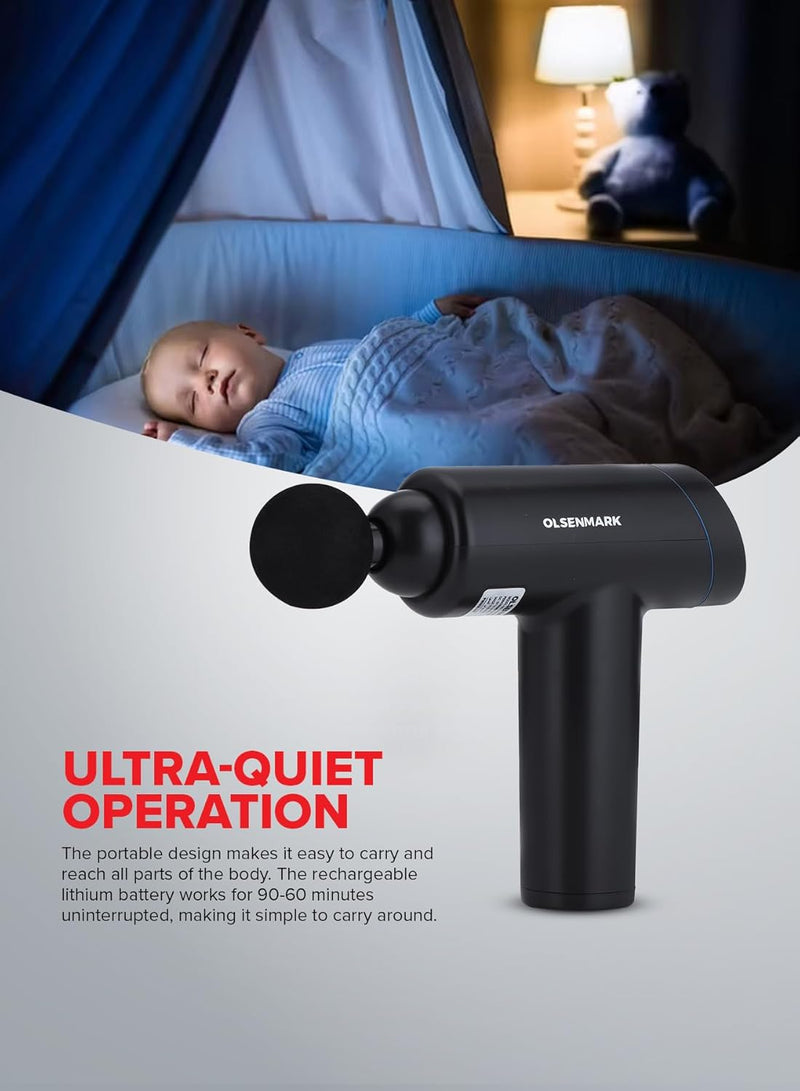 Olsenmark 6-in-1 Percussion Massage Gun Cordless & Rechargeable Deep Tissue Massager with 6 Detachable Heads, 6 Speed Levels, Ergonomic Grip for Full-Body Pain Relief, Stress Reduction, Black
