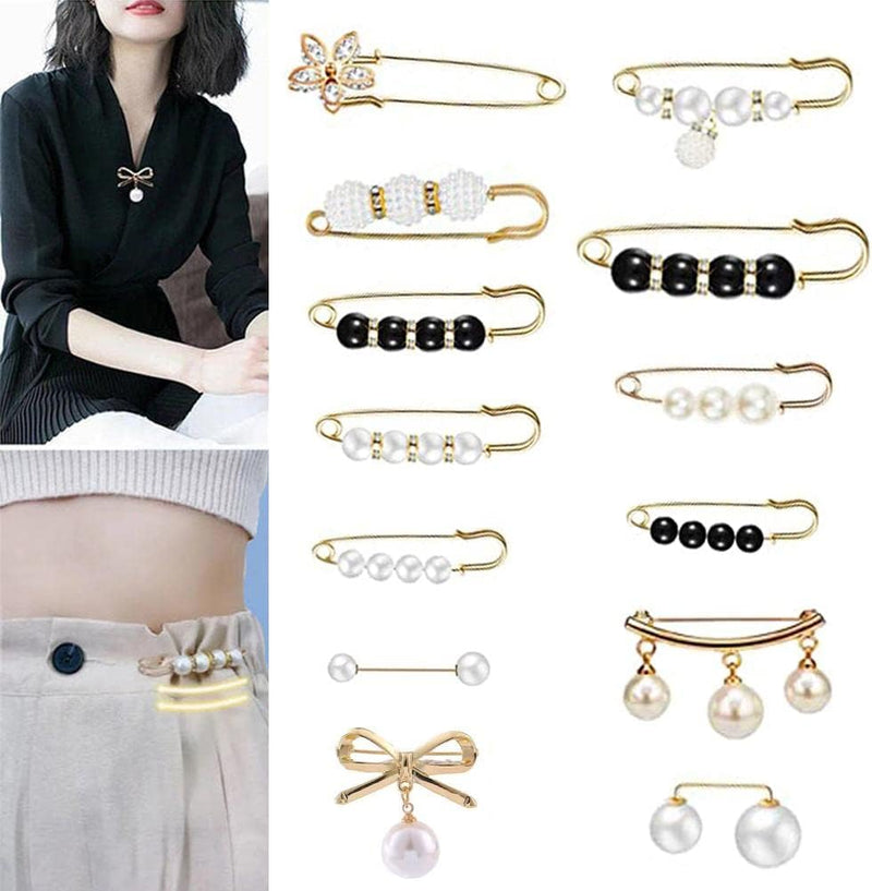 Goodern 13 Pcs Pearl Brooch Pins,Fashion Sweater Shawl Clips Muslim Scarf Hijab Pins,Faux Pearl Collar Waist Pants Safety Pin for Women Girls,Neckline Pins Clothing Dresses Decoration Accessories