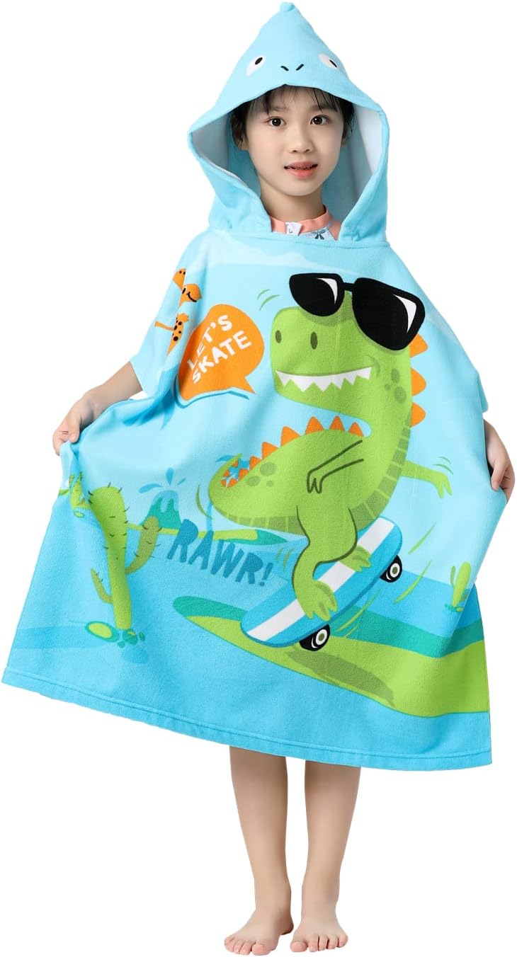 Soft Microfiber Swim Towel with Hood for Bath and Beach, for Kids Ages 3-10, Dinosaur 2 - Dinosaur 2 Fits 3-10 years
