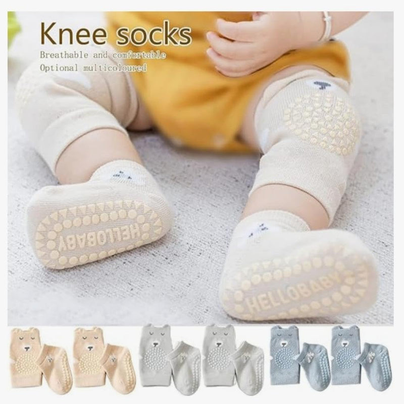 Erweicet Baby Socks & Knee Pads for Crawling, 3 Pair Non-Slip Cotton Crew Socks & Pads for Boys & Girls
