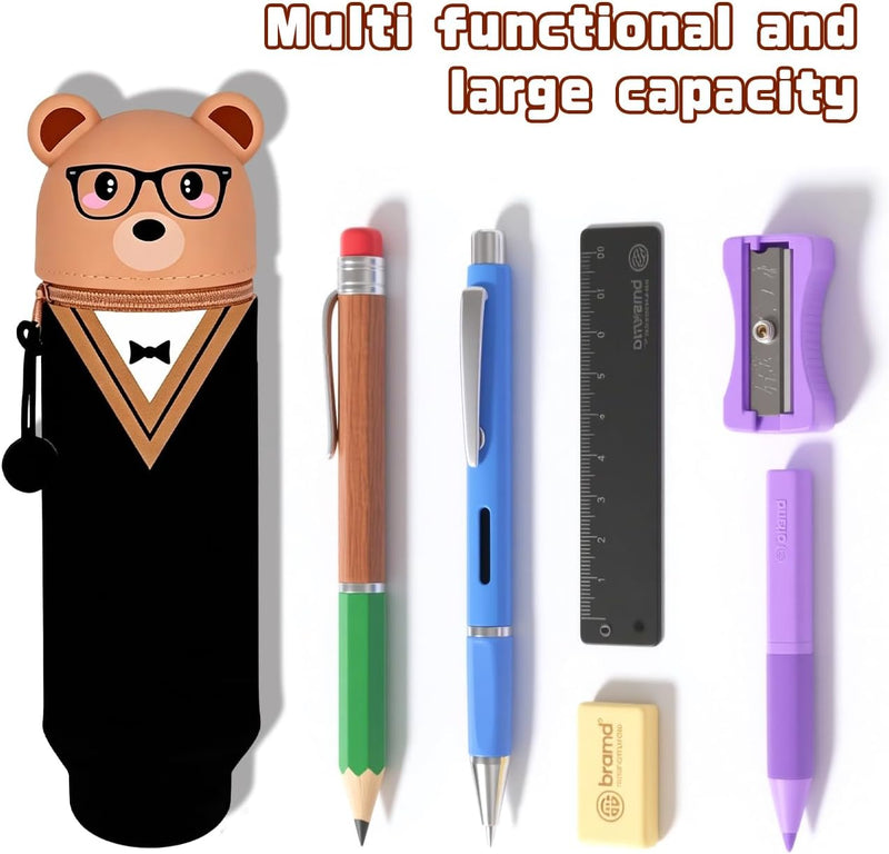 Kawaii Silicone Pencil Case, Cute Cartoon Bear Pencil Case, Soft Pencil Case Zip, Waterproof Silicone Pencil Case for School and Office (6.5 x 22.5 cm)