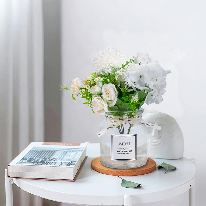 UCHUANG Fake Flowers with Vase, Artificial Roses Bouquet in Vase, Centerpiece Table Decorations for Coffee Table, Living Room, Dining Table, Office, Kitchen, Home Room Decor(White, with Glass Vase)