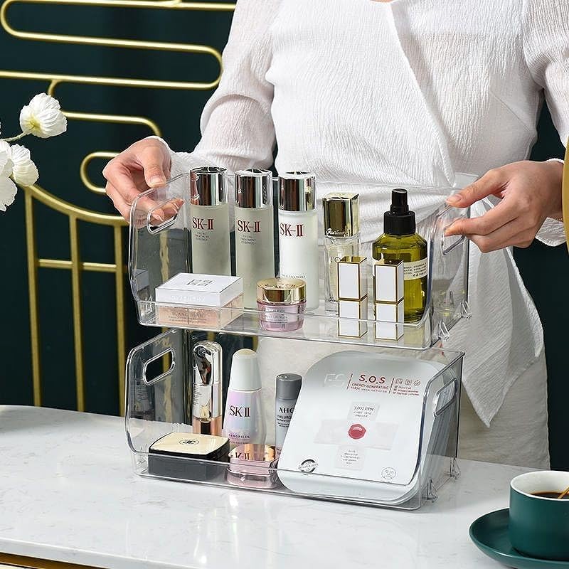 2-Pack Stackable Makeup Organizer, Acrylic Clear Cosmetic Display Case for Vanity, Bathroom Vanity Organizers, Multi-use Cosmetic Storage Display Box for Cosmetics, Skin Care, Hair Accessories