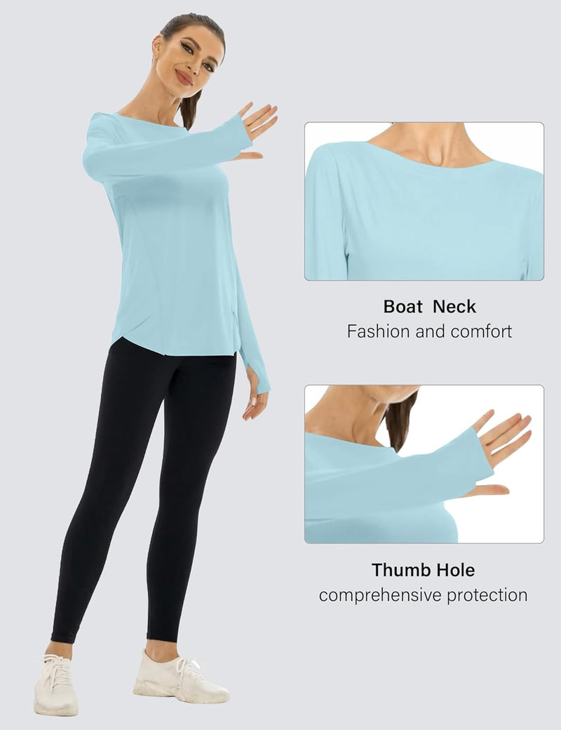 Rapbin Women's UPF 50+ Sun Protection T-Shirts Long Sleeve Boat Neck Workout Lightweight Quick Dry Top with Thumb Hole