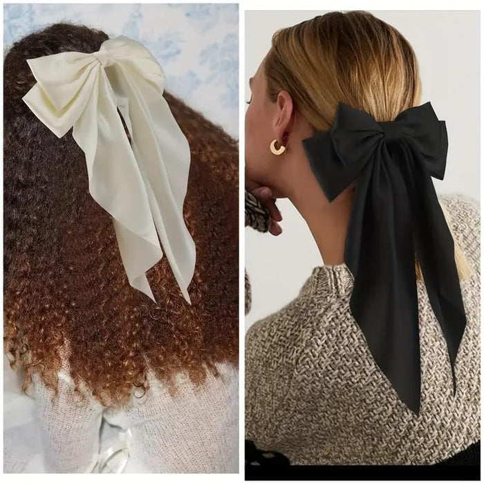 Elegant Silky Satin Hair Bow Clips.Set of 2,Oversized Fabric Bow Tie Barrettes,Black & Cream.Simple Classic Long Tassel Exquisite Hair Clips.Vintage Ribbon Bows.