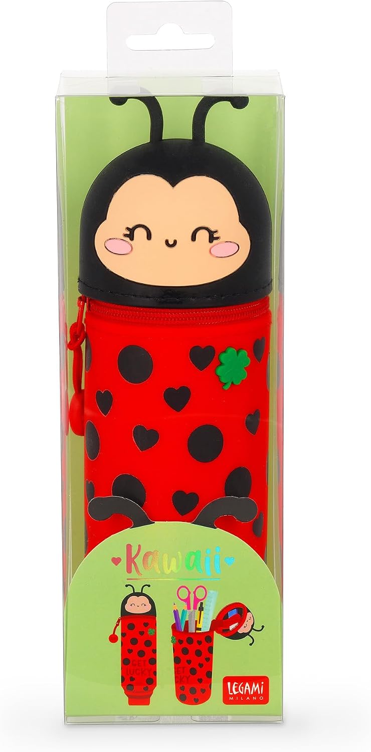 Legami - Kawaii School Pencil Case 2 in 1 Soft Silicone, Ladybug Theme, Table Pen Holder, Zipper Closure, Pastel Pens Marker, H 21.5 cm