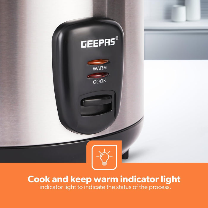 Geepas 1.5 L Multifunctional Rice Cooker- GRC35040| Durable Construction with Cool Touch Handle|Equipped with Tempered Glass Lid, Rice Spoon, Aluminum Outer Steamer and Measuring Cup|2 Years Warranty