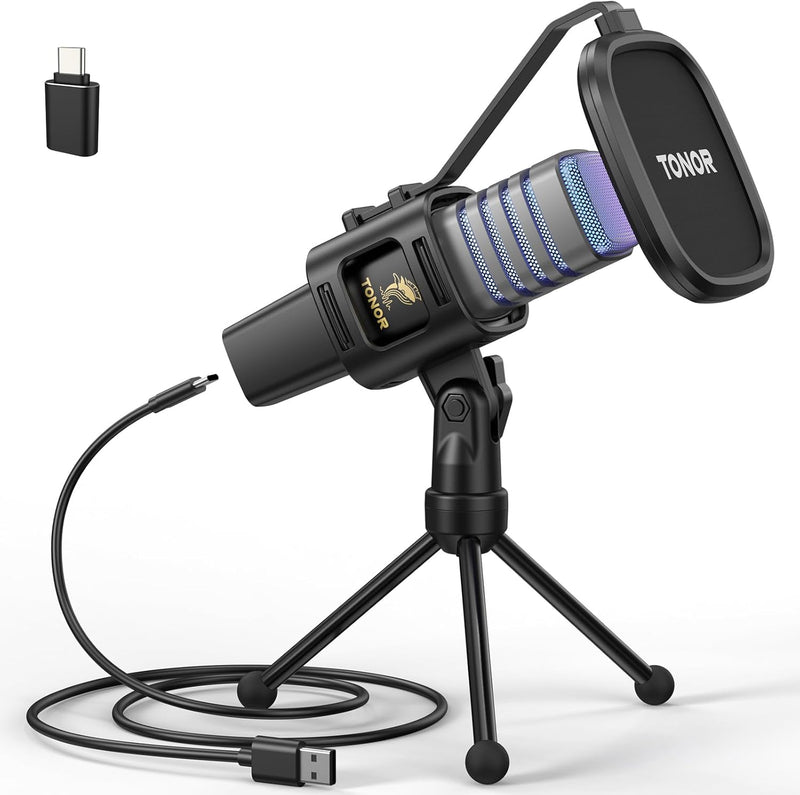 TONOR Gaming USB Microphone PC, RGB Condenser Computer Mic with Tripod Stand, Quick Mute, Gain Control, Gaming, Streaming, Podcasting, Recording, Cardioid Mic Kit Laptop/PS4/PS5 TC777 Pro, black - TC30S