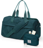 Gym Bag for Women Men with Shoe Compartment, Sport Duffel Bag, Waterproof Travel Weekender Overnight Carry on Bag for Yoga with Trolley Sleeve, Black, A-Black, Shoe Compartment - A4-Peacock Blue Set