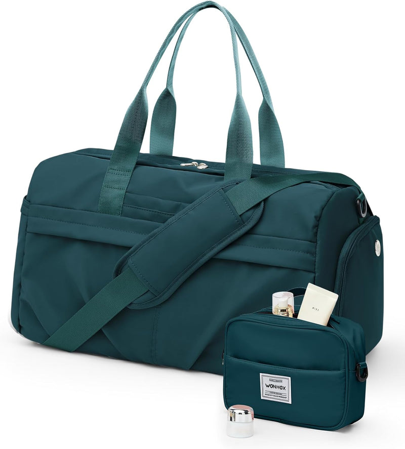 Gym Bag for Women Men with Shoe Compartment, Sport Duffel Bag, Waterproof Travel Weekender Overnight Carry on Bag for Yoga with Trolley Sleeve, Black, A-Black, Shoe Compartment - A4-Peacock Blue Set